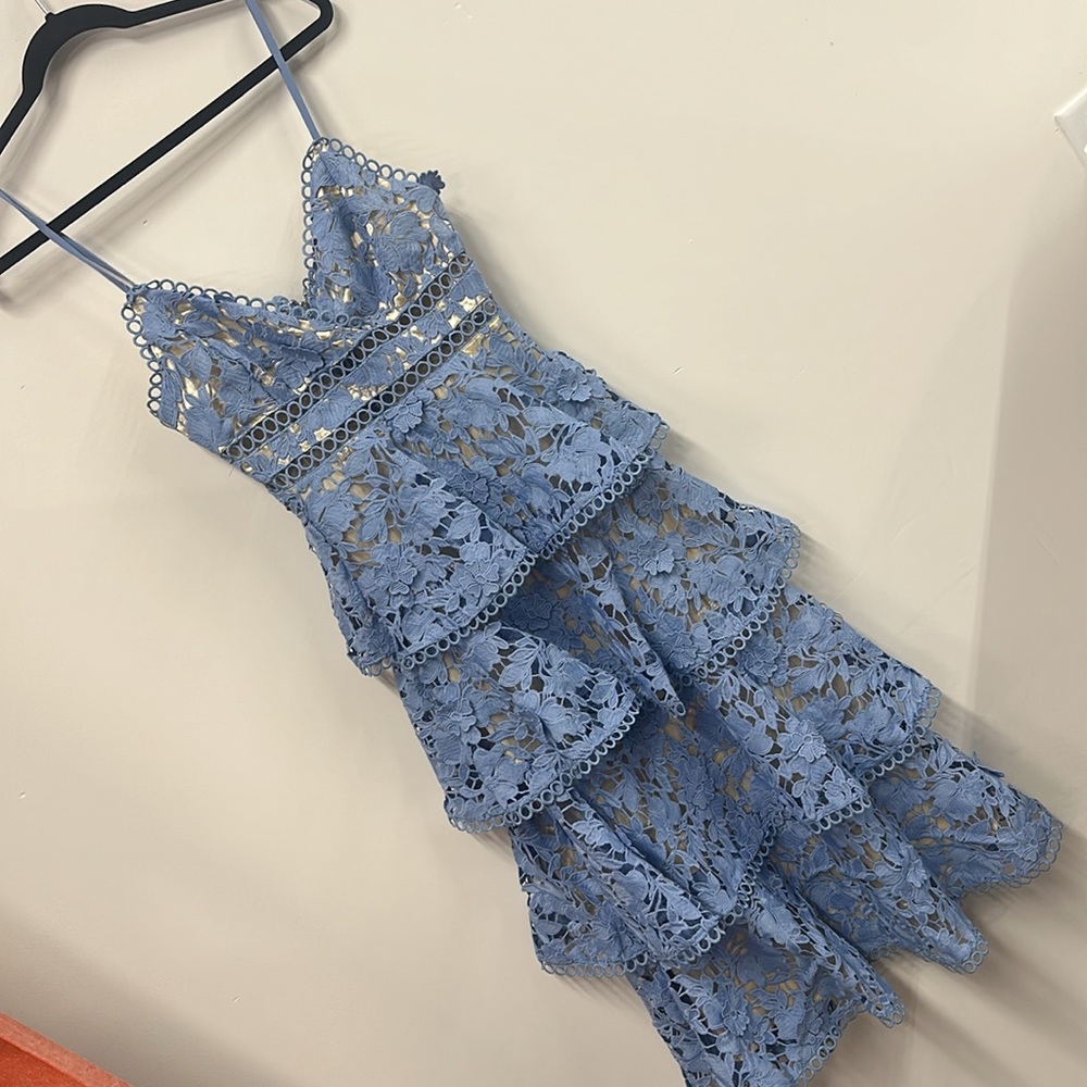 Crochet Tiered Midi Dress - Just Me light dusty blue